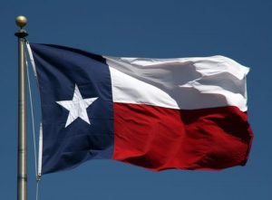 The state flag of Texas blows in the wind.